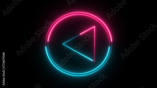 Video, audio neon play icon, vector illustration. Vibrant colors, laser show. 3d rendering and  glowing play button. Press to play. Start button.