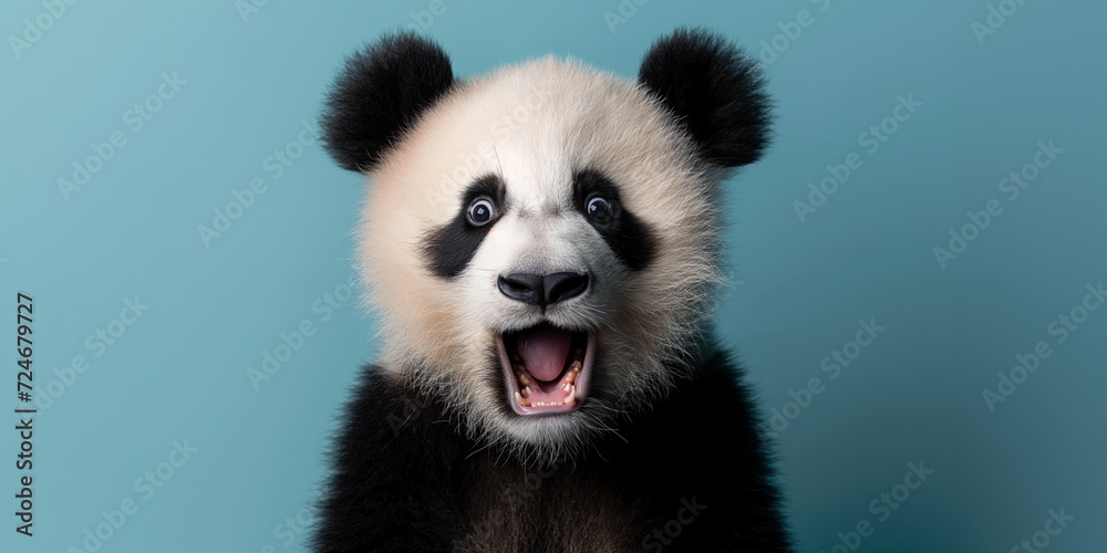 Panda close-up. bamboo bear, Animal looking at the camera, turquoise background, space for text, banner for advertising