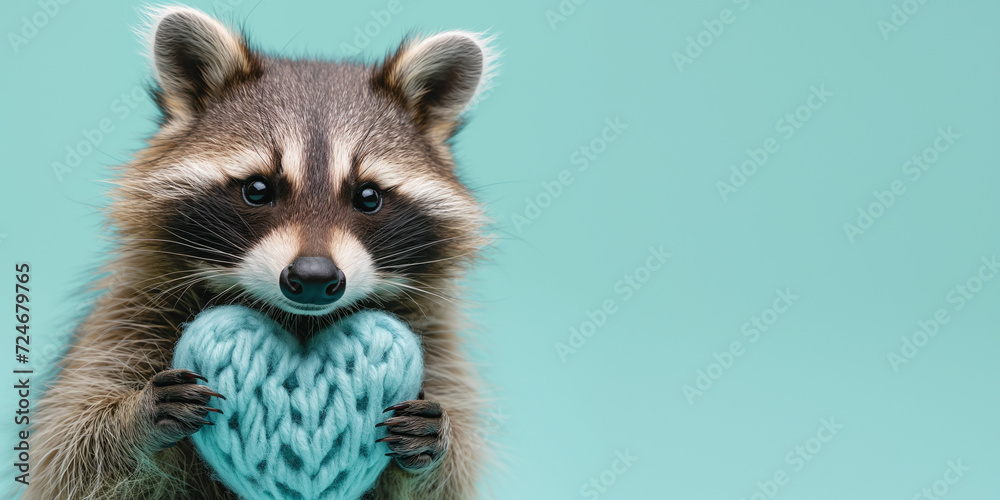 Fototapeta premium Valentine's day cute and smiling small racoon holding blue heart isolated on pastel green background, Women's Day, Mother's Day, Valentine's Day, Wedding concept. Copy space