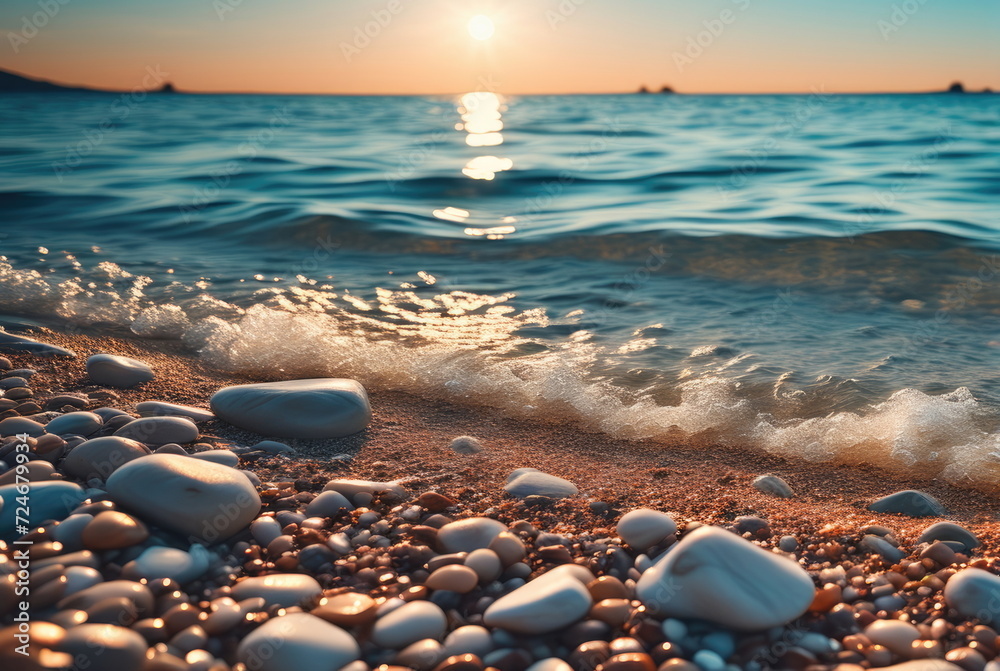 Golden Sunset on Seashore with Waves