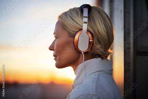 profile of person against setting sun, headphones on, shoulders drooped photo