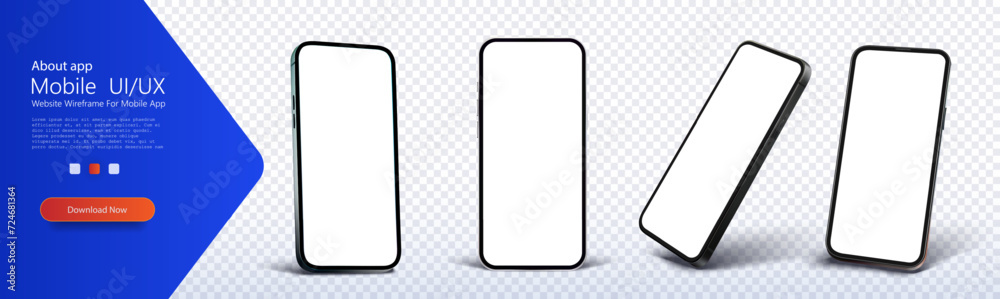 Set of sleek, modern smartphone mockups with blank screens, displayed in different angles against a transparent backdrop. Modern Smartphone Mockups in Various Angles on Transparent Background. Vector Set of sleek, modern smartphone mockups with blank screens, displayed in different angles against a transparent backdrop. Modern Smartphone Mockups in Various Angles on Transparent Background. Vector
