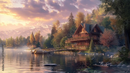 Fantasy landscape with a wooden house on the lake in the mountains