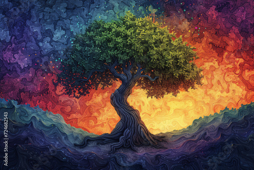Colorful tree with vibrant rainbow leaves on textured background