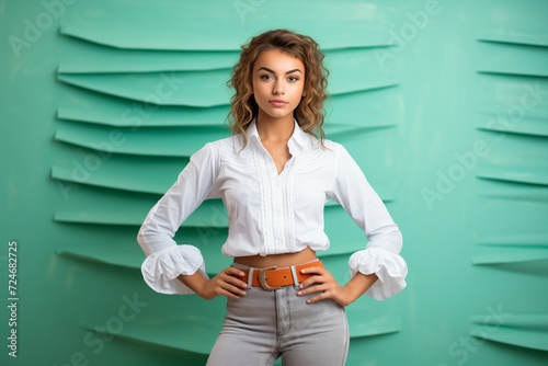 girl in a ruffle blouse posing with hands on hips, confident stance photo