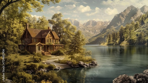 Fantasy landscape with a wooden house on the lake in the mountains