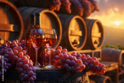 Two glasses and a bottle of red wine with grapes on wooden barrel at sunset photo