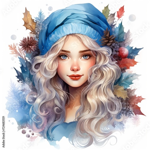 Young lady with light blue eyes  curly blonde hair and blue winter hat  surrounded by winter foliage