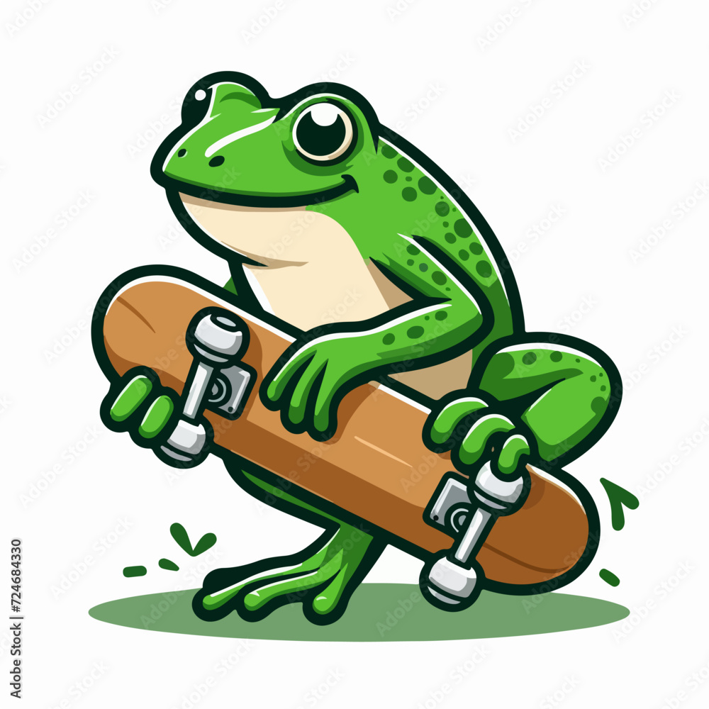 Fototapeta premium cartoon character mascot cute frog holding a skateboard