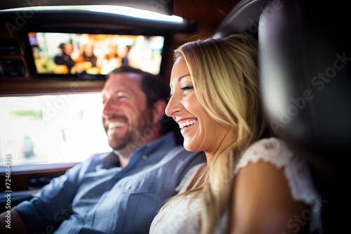 couple enjoying multimedia system in limo with touchscreen © studioworkstock