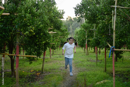 A cute little girl is happy picking oranges in an orange farm on vacation.