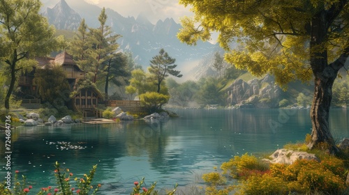 Wooden house on the lake in the mountains. Landscape with lake. © MrHamster