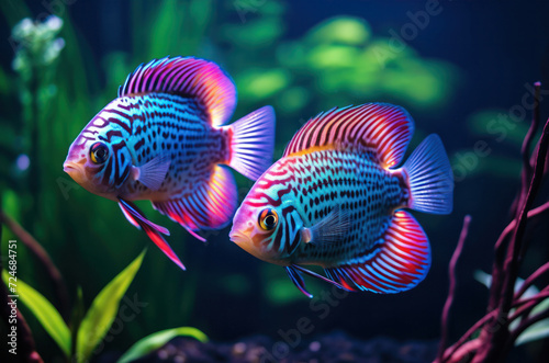 Colorful pet fish swim in the aquarium close