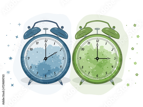 Illustration of two alarm clocks. The blue one symbolizes winter, the green one spring. Symbol of time change. Moving the hands forward from 2:00 to 3:00. Standard time and daylight saving time.