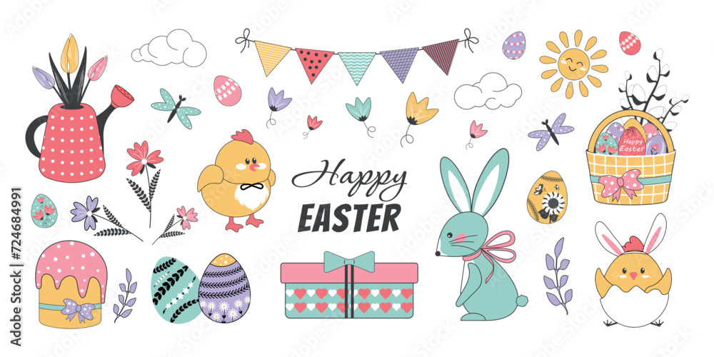 A festive set of Easter elements on a white background. Vector design