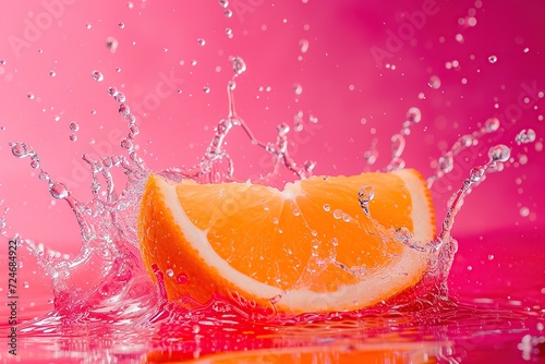 Powerful liquid explosion  sliced orange  pink Background