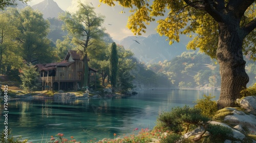 Wooden house on the lake in the mountains. Landscape with lake.