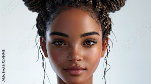 Portrait of a Young Woman with Striking Eyes, digital portrait of a young woman, her striking eyes and intricate hairstyle reflecting a blend of modern beauty and cultural heritage