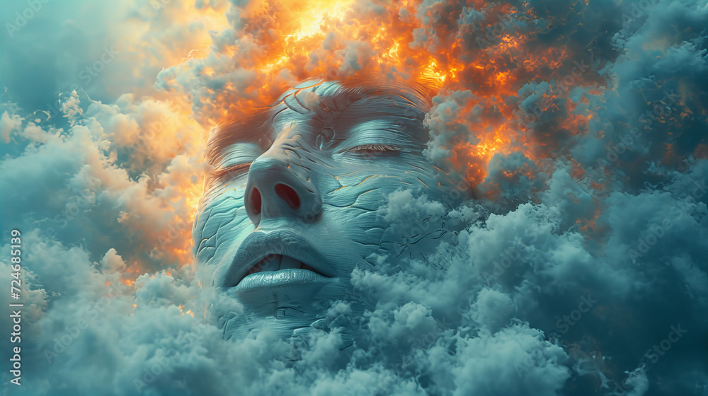 Person's head depicted on top showing clouds and some brain words, in the style of video glitches, karencore, medical themes, soft, dreamy scenes, oshare kei, metalcore, gold and aquamarine Person's head depicted on top showing clouds and some brain words, in the style of video glitches, karencore, medical themes, soft, dreamy scenes, oshare kei, metalcore, gold and aquamarine