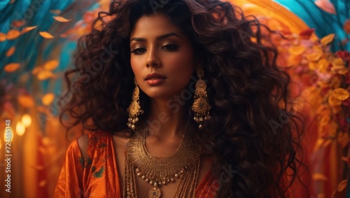 woman with long curly hair and jewelry