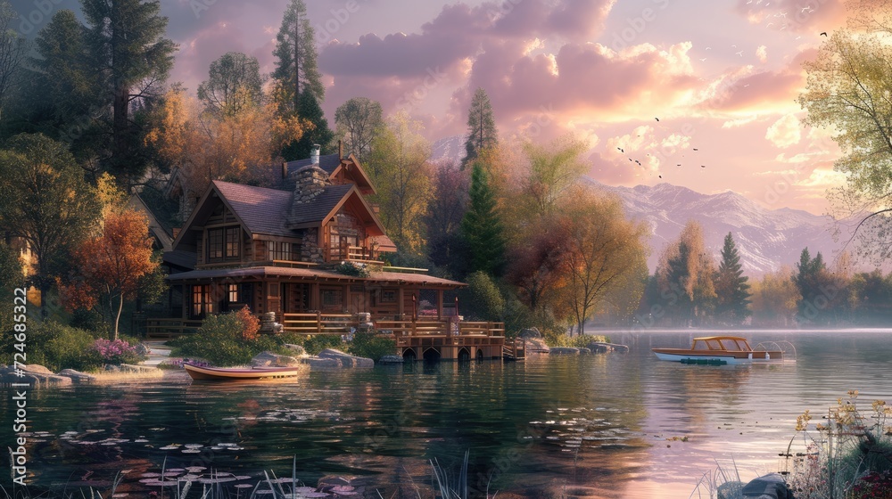 Fantasy landscape with a wooden house on the lake in the mountains Fantasy landscape with a wooden house on the lake in the mountains