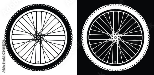 Bicycle wheel on white and black background. Set of vector monochrome elements for design