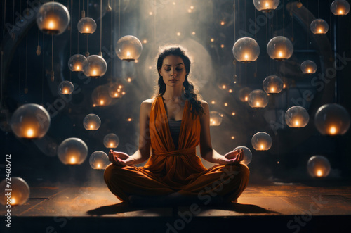 The girl is meditating in space with stars backdrop