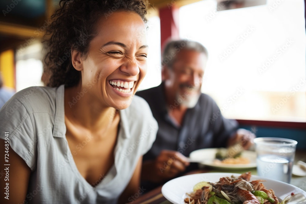 woman smiling at man, seafood dinner on cruiser