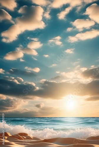 Golden Sunset on Seashore with Waves © dashtik