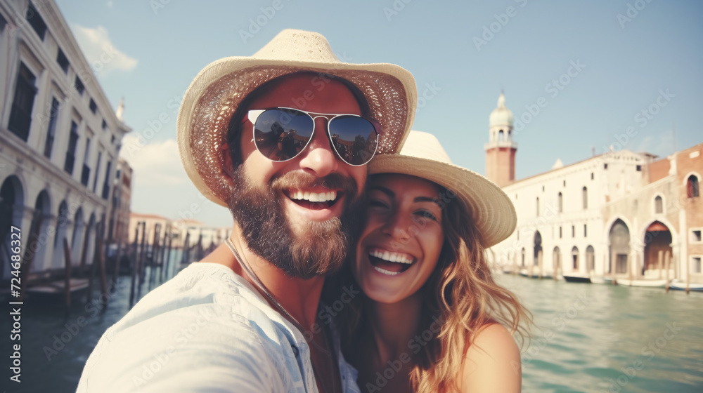 Happy couple taking selfie in Venice, Italy. Young man and woman taking selfie in Venice, Italy.