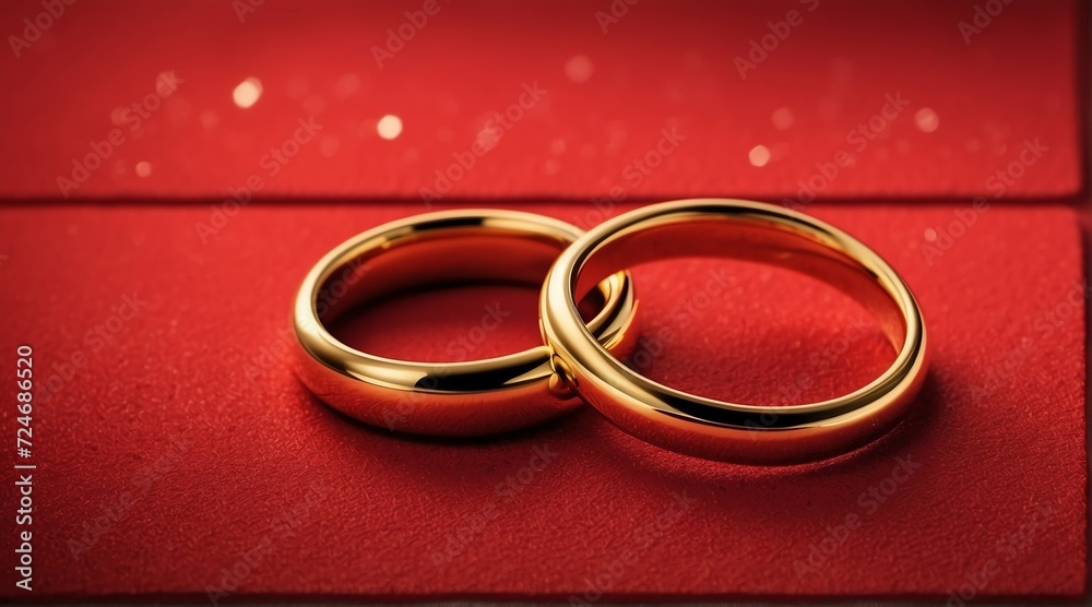 Two golden rings with diamond on a red carpet texture from Generative AI Two golden rings with diamond on a red carpet texture from Generative AI