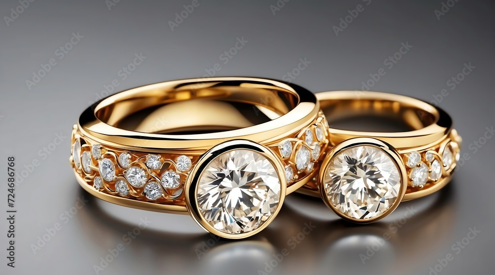 Two golden rings with diamond on plain white background from Generative AI Two golden rings with diamond on plain white background from Generative AI