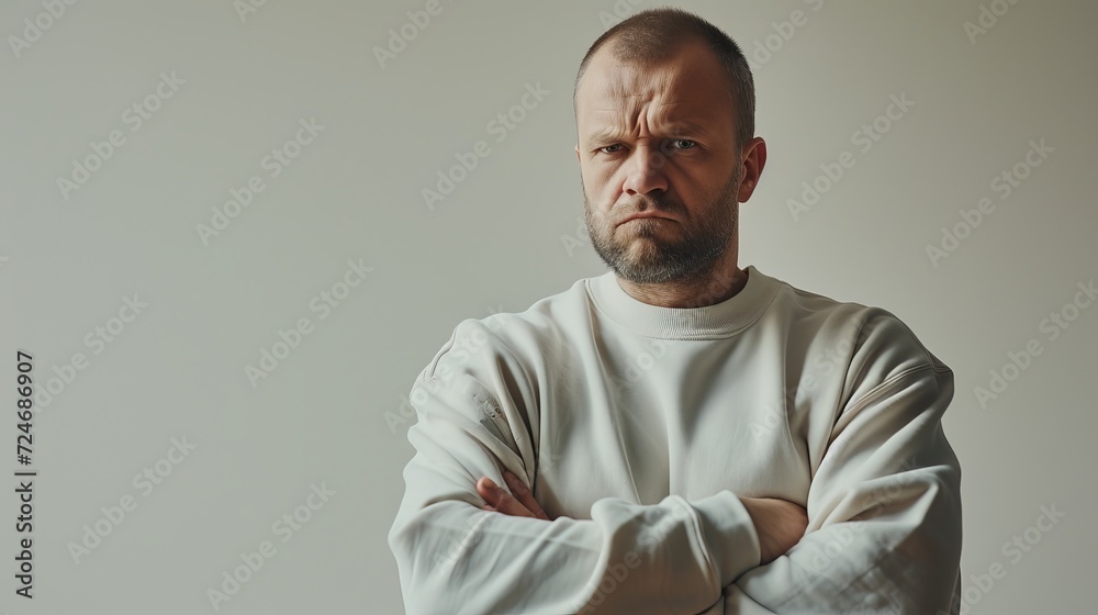 Magazine cover featuring a 40 years old man in a sweatshirt, displaying a worried and angry facial expression against a white background. - obrazy, fototapety, plakaty 