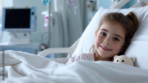 A young girl in a hospital bed, looking cheerful despite being sick.