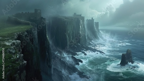 The beauty of the coastline. Waves crash against the rocky shore