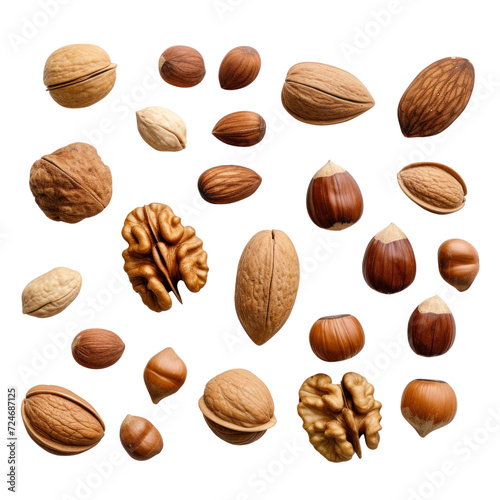 Pile of mixed organic nuts on transparent background