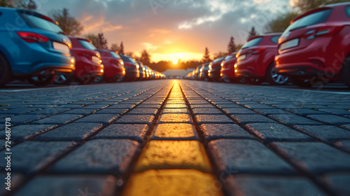 Parking lot with rows of parked cars at sunset, blurred background. Automobile parking area.