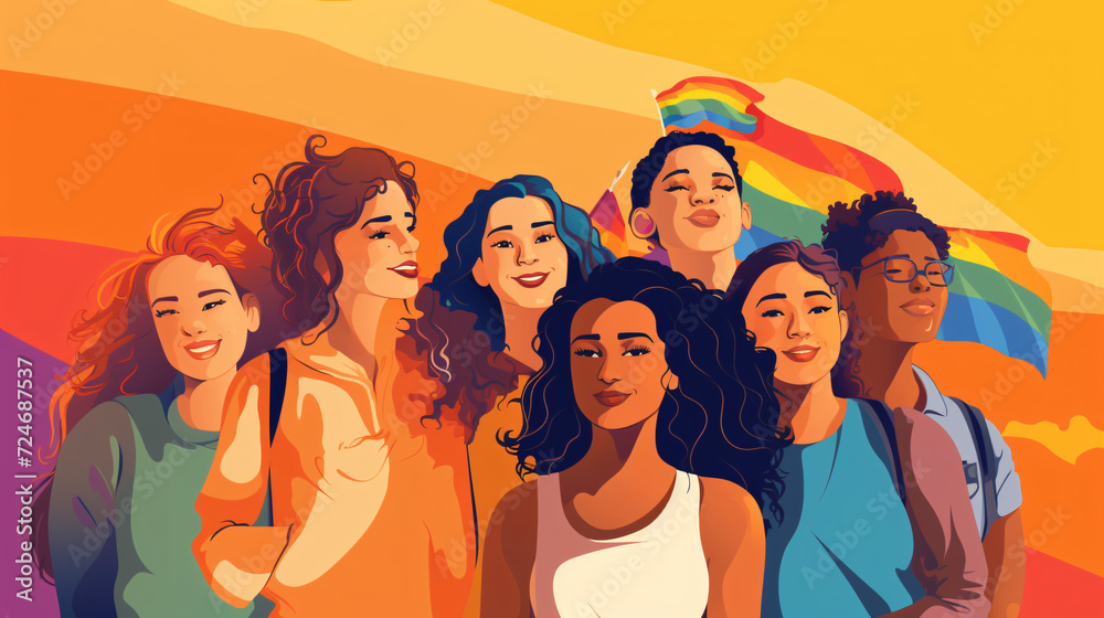 Group of young people in the rainbow colors. Vector illustration in cartoon style.