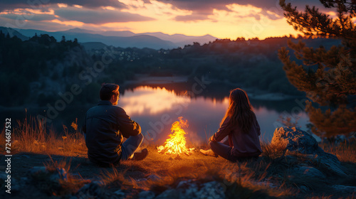 couple relaxes around a campfire on a hilltop  overlooking a serene lake  campfire in the forest