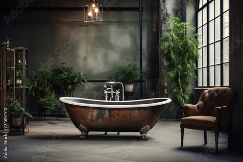 Bathroom interior with vintage bathtub, armchair and plant.