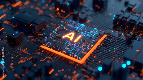 Artificial intelligence micro chip on black circuit board. Circuit board close-up with neon AI letters, 3D rendering