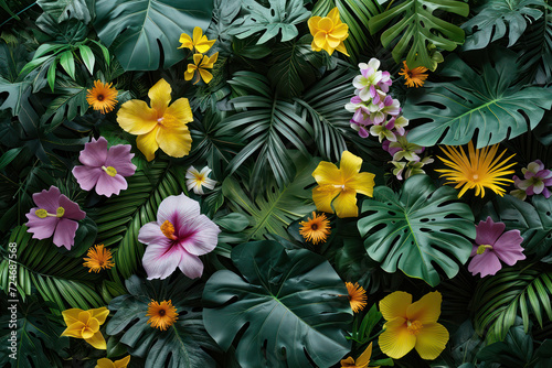 Colorful Paradise: Tropical Summer Garden, Exotic Leaves, and Vibrant Floral Pattern on Green Background