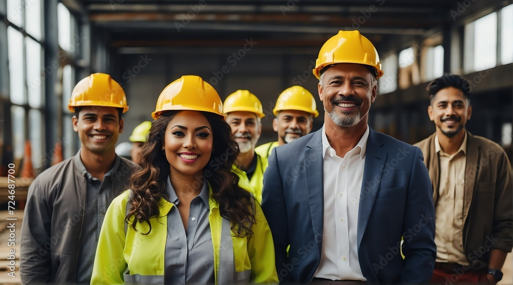 Group of successful happy diverse inclusive multiethnic business team in constructionbackground from Generative AI Group of successful happy diverse inclusive multiethnic business team in constructionbackground from Generative AI