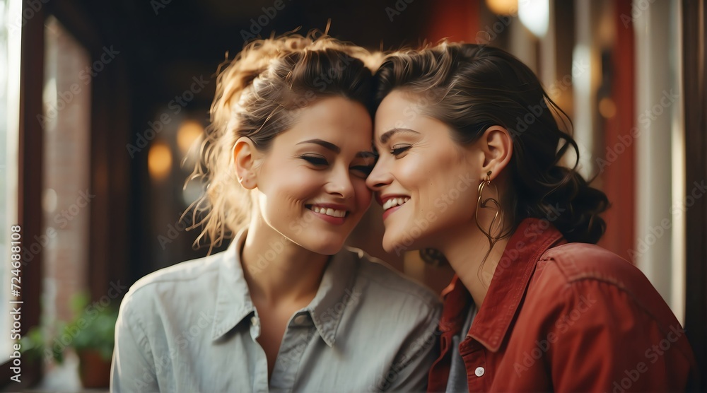 LGBT lesbian couple cute moments of happiness concept from Generative AI LGBT lesbian couple cute moments of happiness concept from Generative AI