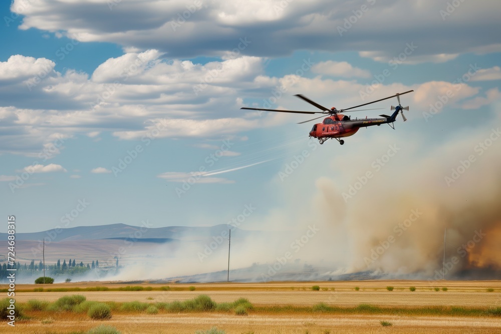 Fototapeta premium firefighting helicopter hovering over field