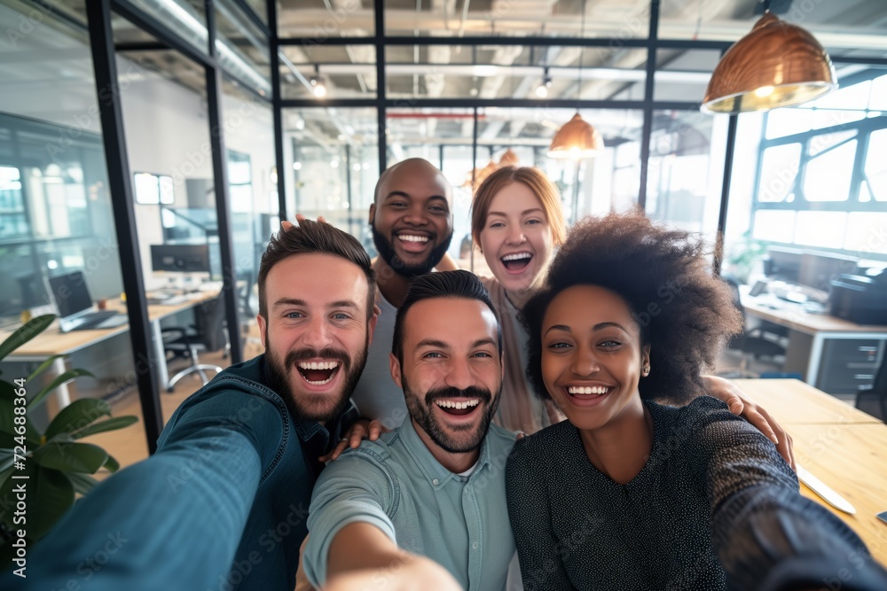 four colleagues in a glasswalled office beaming for a team selfie four colleagues in a glasswalled office beaming for a team selfie