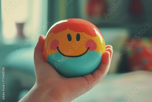 Happy Smiley symbol colorful round circle ball in hand expressing joy and happiness. Smiley and Happy Face Cheerful Emoji Laughing smile radiate positive emotions. Grinning Joyful Expression icon face photo