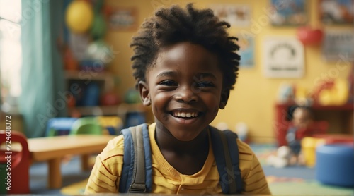 Portrait of a happy kid black african boy playing on a kindergarten room from Generative AI