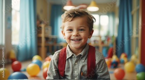 Portrait of a happy kid boy playing on a kindergarten room from Generative AI photo