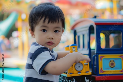 portrait of a child with a toy train at the amusement park